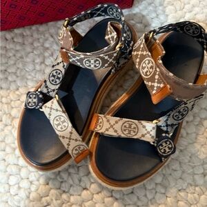 Tory Burch Blue and Tan Patterned Sandals